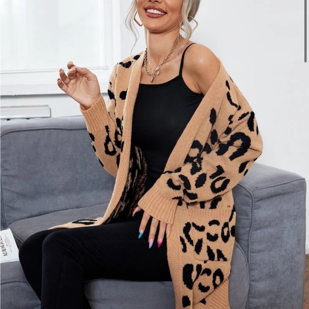 SHEIN Beige and Black Leopard Print Open-Front Cardigan